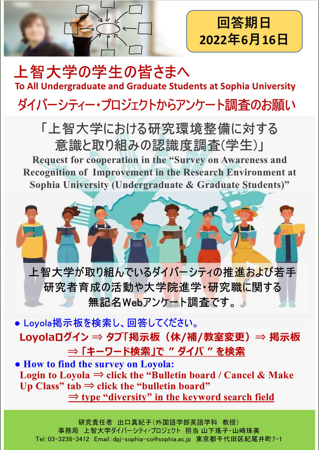 【Diversity Project】Request for cooperation in the “Survey on Awareness and Recognition of Improvement int the Research Environment at Sophia University